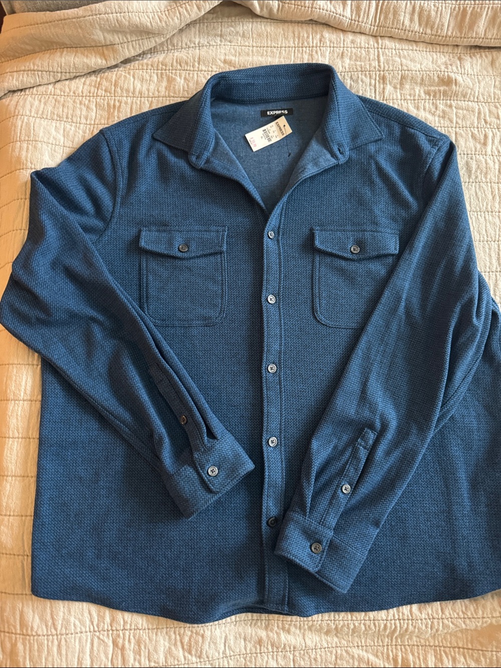 Express Men's Blue/Black Textured Button-Down Shirt with Chest Pockets